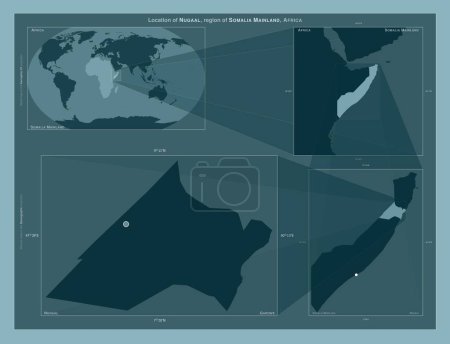 Photo for Nugaal, region of Somalia Mainland. Diagram showing the location of the region on larger-scale maps. Composition of vector frames and PNG shapes on a solid background - Royalty Free Image