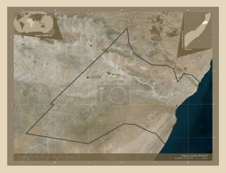 Photo for Nugaal, region of Somalia Mainland. High resolution satellite map. Locations and names of major cities of the region. Corner auxiliary location maps - Royalty Free Image