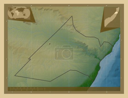 Foto de Nugaal, región de Somalia continental. Mapa de elevación de colores con lagos y ríos. Mapas de ubicación auxiliares de esquina - Imagen libre de derechos