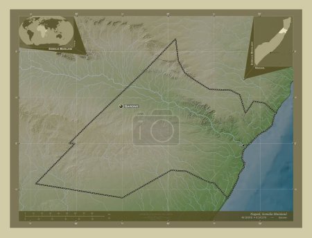Foto de Nugaal, región de Somalia continental. Mapa de elevación coloreado en estilo wiki con lagos y ríos. Ubicaciones y nombres de las principales ciudades de la región. Mapas de ubicación auxiliares de esquina - Imagen libre de derechos