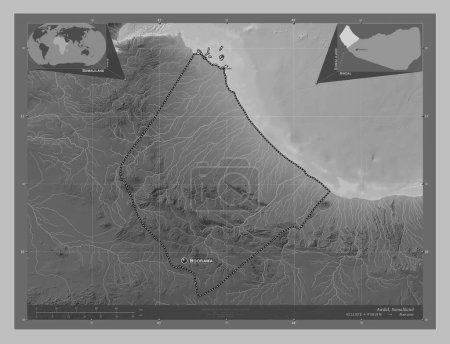 Photo for Awdal, region of Somaliland. Grayscale elevation map with lakes and rivers. Locations and names of major cities of the region. Corner auxiliary location maps - Royalty Free Image