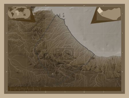 Foto de Awdal, region of Somaliland. Elevation map colored in sepia tones with lakes and rivers. Locations of major cities of the region. Corner auxiliary location maps - Imagen libre de derechos