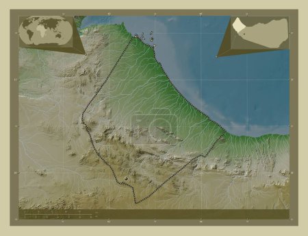 Téléchargez les photos : Awdal, région du Somaliland. Carte d'altitude colorée dans le style wiki avec des lacs et des rivières. Emplacements des grandes villes de la région. Corner cartes de localisation auxiliaires - en image libre de droit