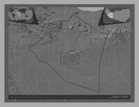 Téléchargez les photos : Maroodi Jeex, region of Somaliland. Bilevel elevation map with lakes and rivers. Locations and names of major cities of the region. Corner auxiliary location maps - en image libre de droit