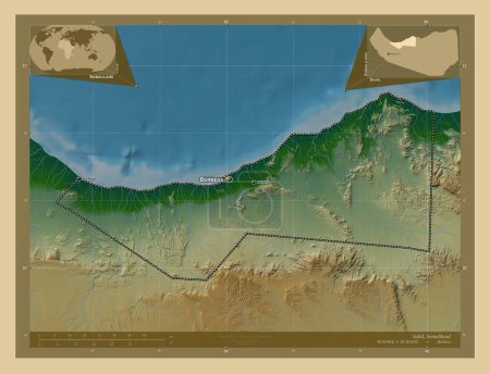Foto de Sahil, región de Somalilandia. Mapa de elevación de colores con lagos y ríos. Ubicaciones y nombres de las principales ciudades de la región. Mapas de ubicación auxiliares de esquina - Imagen libre de derechos
