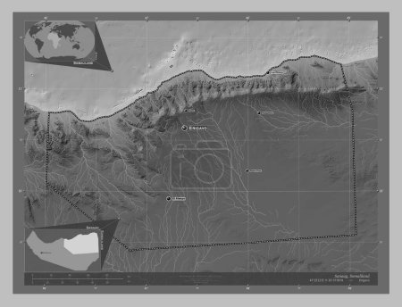Téléchargez les photos : Sanaag, region of Somaliland. Grayscale elevation map with lakes and rivers. Locations and names of major cities of the region. Corner auxiliary location maps - en image libre de droit