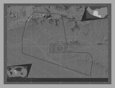 Téléchargez les photos : Togdheer, région du Somaliland. Carte d'altitude de Bilevel avec lacs et rivières. Corner cartes de localisation auxiliaires - en image libre de droit