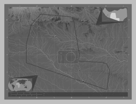 Téléchargez les photos : Togdheer, region of Somaliland. Grayscale elevation map with lakes and rivers. Locations of major cities of the region. Corner auxiliary location maps - en image libre de droit