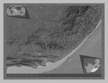 Foto de Eastern Cape, province of South Africa. Grayscale elevation map with lakes and rivers. Locations of major cities of the region. Corner auxiliary location maps - Imagen libre de derechos