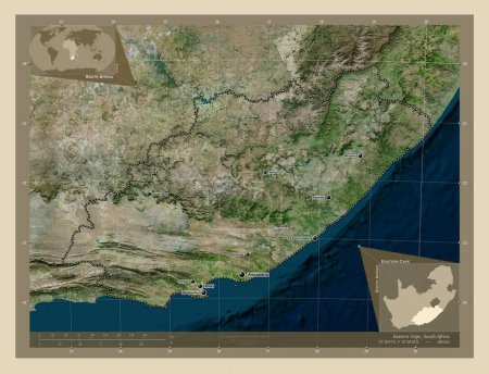 Foto de Eastern Cape, province of South Africa. High resolution satellite map. Locations and names of major cities of the region. Corner auxiliary location maps - Imagen libre de derechos