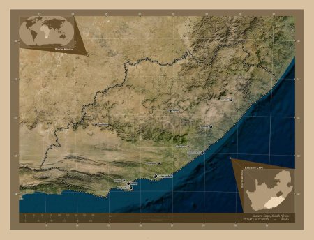 Foto de Eastern Cape, province of South Africa. Low resolution satellite map. Locations and names of major cities of the region. Corner auxiliary location maps - Imagen libre de derechos