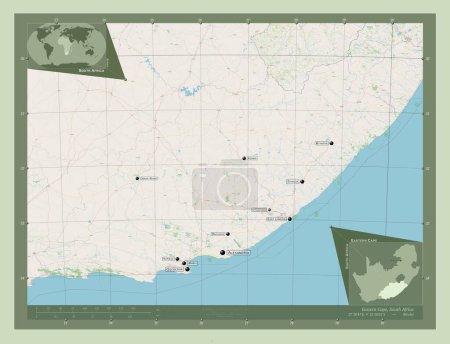 Foto de Cabo Oriental, provincia de Sudáfrica. Open Street Map. Ubicaciones y nombres de las principales ciudades de la región. Mapas de ubicación auxiliares de esquina - Imagen libre de derechos