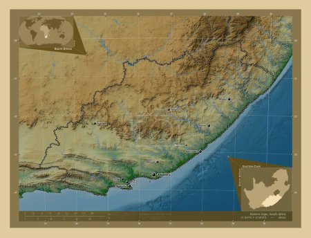 Foto de Eastern Cape, province of South Africa. Colored elevation map with lakes and rivers. Locations and names of major cities of the region. Corner auxiliary location maps - Imagen libre de derechos
