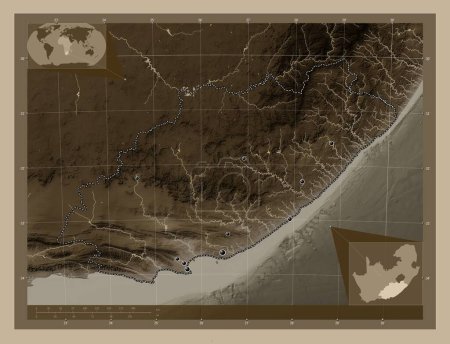 Foto de Eastern Cape, province of South Africa. Elevation map colored in sepia tones with lakes and rivers. Locations of major cities of the region. Corner auxiliary location maps - Imagen libre de derechos