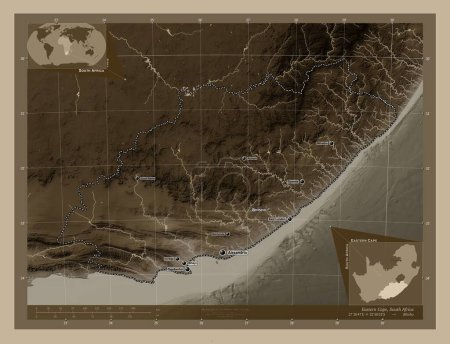 Foto de Eastern Cape, province of South Africa. Elevation map colored in sepia tones with lakes and rivers. Locations and names of major cities of the region. Corner auxiliary location maps - Imagen libre de derechos