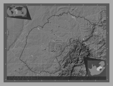 Foto de Estado Libre, provincia de Sudáfrica. Mapa de elevación de Bilevel con lagos y ríos. Ubicaciones de las principales ciudades de la región. Mapas de ubicación auxiliares de esquina - Imagen libre de derechos