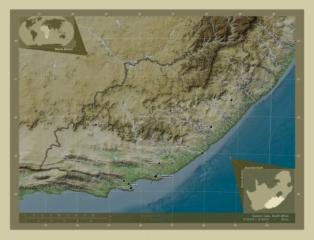 Téléchargez les photos : Eastern Cape, province of South Africa. Elevation map colored in wiki style with lakes and rivers. Locations and names of major cities of the region. Corner auxiliary location maps - en image libre de droit
