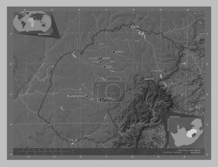 Photo for Free State, province of South Africa. Grayscale elevation map with lakes and rivers. Locations and names of major cities of the region. Corner auxiliary location maps - Royalty Free Image