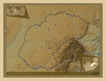 Téléchargez les photos : État libre, province d'Afrique du Sud. Carte d'altitude colorée avec lacs et rivières. Emplacements des grandes villes de la région. Corner cartes de localisation auxiliaires - en image libre de droit