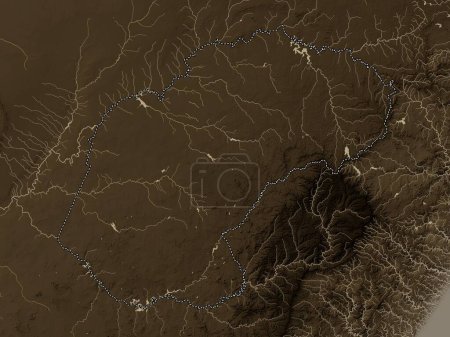 Téléchargez les photos : État libre, province d'Afrique du Sud. Carte d'altitude colorée dans des tons sépia avec des lacs et des rivières - en image libre de droit