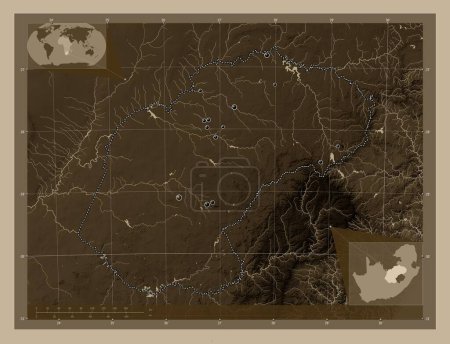 Photo for Free State, province of South Africa. Elevation map colored in sepia tones with lakes and rivers. Locations of major cities of the region. Corner auxiliary location maps - Royalty Free Image