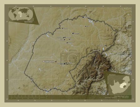 Téléchargez les photos : État libre, province d'Afrique du Sud. Carte d'altitude colorée dans le style wiki avec des lacs et des rivières. Emplacements et noms des grandes villes de la région. Corner cartes de localisation auxiliaires - en image libre de droit