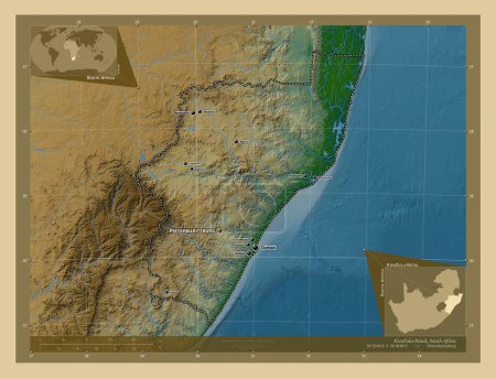 Téléchargez les photos : KwaZulu-Natal, province d'Afrique du Sud. Carte d'altitude colorée avec lacs et rivières. Emplacements et noms des grandes villes de la région. Corner cartes de localisation auxiliaires - en image libre de droit