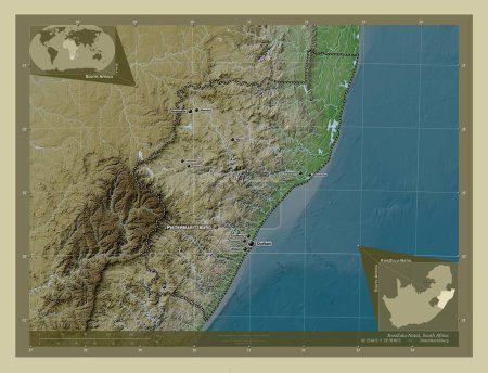 Photo for KwaZulu-Natal, province of South Africa. Elevation map colored in wiki style with lakes and rivers. Locations and names of major cities of the region. Corner auxiliary location maps - Royalty Free Image