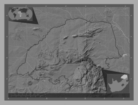 Téléchargez les photos : Limpopo, province of South Africa. Bilevel elevation map with lakes and rivers. Locations of major cities of the region. Corner auxiliary location maps - en image libre de droit