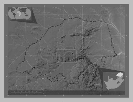 Téléchargez les photos : Limpopo, province of South Africa. Grayscale elevation map with lakes and rivers. Locations of major cities of the region. Corner auxiliary location maps - en image libre de droit