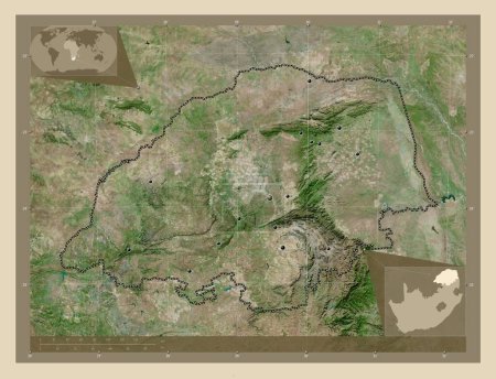 Téléchargez les photos : Limpopo, province d'Afrique du Sud. Carte satellite haute résolution. Emplacements des grandes villes de la région. Corner cartes de localisation auxiliaires - en image libre de droit