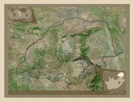 Téléchargez les photos : Limpopo, province d'Afrique du Sud. Carte satellite haute résolution. Emplacements et noms des grandes villes de la région. Corner cartes de localisation auxiliaires - en image libre de droit
