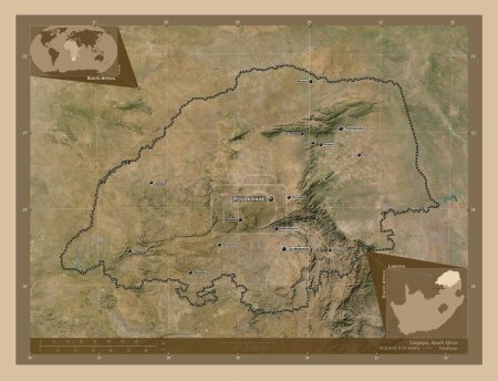 Téléchargez les photos : Limpopo, province d'Afrique du Sud. Carte satellite basse résolution. Emplacements et noms des grandes villes de la région. Corner cartes de localisation auxiliaires - en image libre de droit