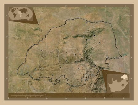 Téléchargez les photos : Limpopo, province d'Afrique du Sud. Carte satellite basse résolution. Emplacements des grandes villes de la région. Corner cartes de localisation auxiliaires - en image libre de droit