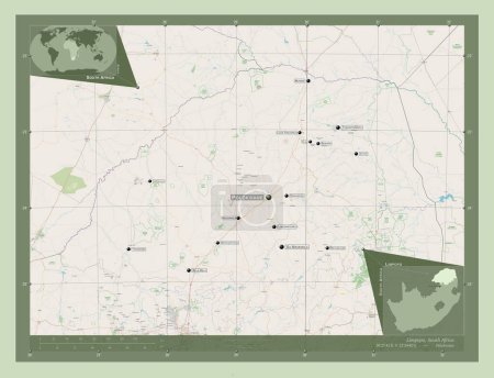 Téléchargez les photos : Limpopo, province of South Africa. Open Street Map. Locations and names of major cities of the region. Corner auxiliary location maps - en image libre de droit