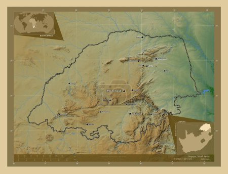 Téléchargez les photos : Limpopo, province d'Afrique du Sud. Carte d'altitude colorée avec lacs et rivières. Emplacements et noms des grandes villes de la région. Corner cartes de localisation auxiliaires - en image libre de droit