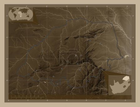 Téléchargez les photos : Limpopo, province of South Africa. Elevation map colored in sepia tones with lakes and rivers. Locations of major cities of the region. Corner auxiliary location maps - en image libre de droit