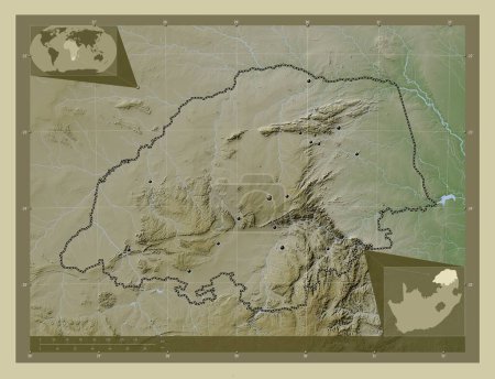 Téléchargez les photos : Limpopo, province d'Afrique du Sud. Carte d'altitude colorée dans le style wiki avec des lacs et des rivières. Emplacements des grandes villes de la région. Corner cartes de localisation auxiliaires - en image libre de droit