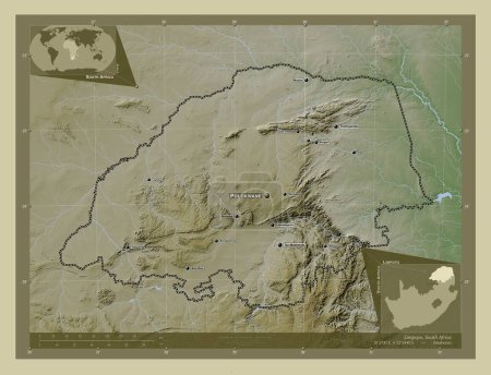 Foto de Limpopo, provincia de Sudáfrica. Mapa de elevación coloreado en estilo wiki con lagos y ríos. Ubicaciones y nombres de las principales ciudades de la región. Mapas de ubicación auxiliares de esquina - Imagen libre de derechos
