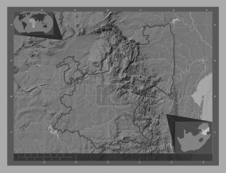 Photo for Mpumalanga, province of South Africa. Bilevel elevation map with lakes and rivers. Corner auxiliary location maps - Royalty Free Image