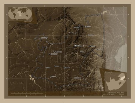 Photo for Mpumalanga, province of South Africa. Elevation map colored in sepia tones with lakes and rivers. Locations and names of major cities of the region. Corner auxiliary location maps - Royalty Free Image