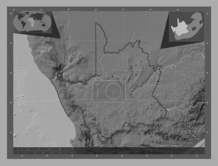 Téléchargez les photos : Cap Nord, province d'Afrique du Sud. Carte d'altitude de Bilevel avec lacs et rivières. Emplacements des grandes villes de la région. Corner cartes de localisation auxiliaires - en image libre de droit