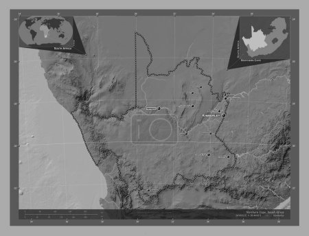 Téléchargez les photos : Northern Cape, province of South Africa. Bilevel elevation map with lakes and rivers. Locations and names of major cities of the region. Corner auxiliary location maps - en image libre de droit
