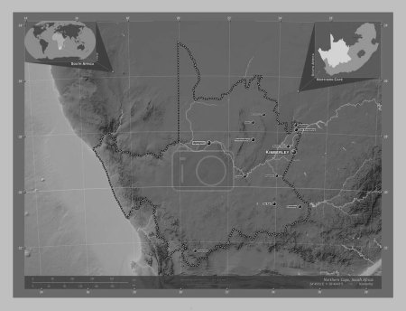 Téléchargez les photos : Northern Cape, province of South Africa. Grayscale elevation map with lakes and rivers. Locations and names of major cities of the region. Corner auxiliary location maps - en image libre de droit