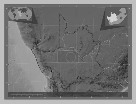 Téléchargez les photos : Cap Nord, province d'Afrique du Sud. Carte d'altitude en niveaux de gris avec lacs et rivières. Corner cartes de localisation auxiliaires - en image libre de droit