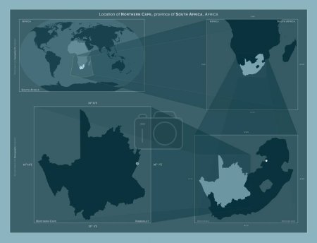 Foto de Cabo Norte, provincia de Sudáfrica. Diagrama que muestra la ubicación de la región en mapas a gran escala. Composición de marcos vectoriales y formas PNG sobre un fondo sólido - Imagen libre de derechos