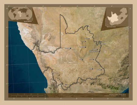 Téléchargez les photos : Cap Nord, province d'Afrique du Sud. Carte satellite basse résolution. Emplacements et noms des grandes villes de la région. Corner cartes de localisation auxiliaires - en image libre de droit