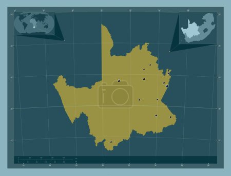Téléchargez les photos : Northern Cape, province of South Africa. Solid color shape. Locations of major cities of the region. Corner auxiliary location maps - en image libre de droit