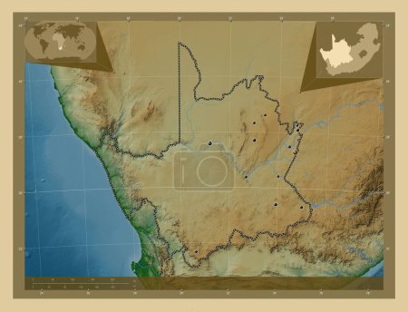 Téléchargez les photos : Cap Nord, province d'Afrique du Sud. Carte d'altitude colorée avec lacs et rivières. Emplacements des grandes villes de la région. Corner cartes de localisation auxiliaires - en image libre de droit