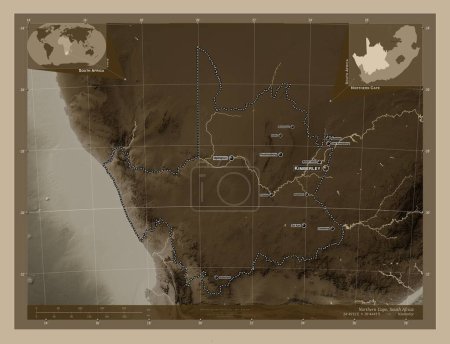 Téléchargez les photos : Northern Cape, province of South Africa. Elevation map colored in sepia tones with lakes and rivers. Locations and names of major cities of the region. Corner auxiliary location maps - en image libre de droit